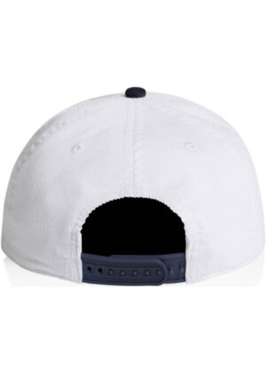 Back view of a white baseball cap with a navy plastic snapback strap and small ventilation eyelets