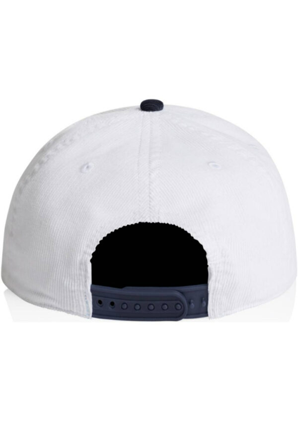 Back view of a white baseball cap with a navy plastic snapback strap and small ventilation eyelets