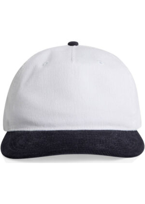 White baseball cap with a dark navy bill, front view image for product listing.