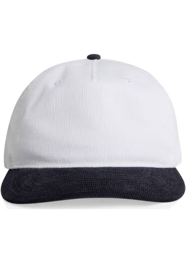 White baseball cap with a dark navy bill, front view image for product listing.