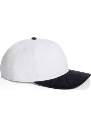 White baseball cap with navy brim, shown from a side angle.