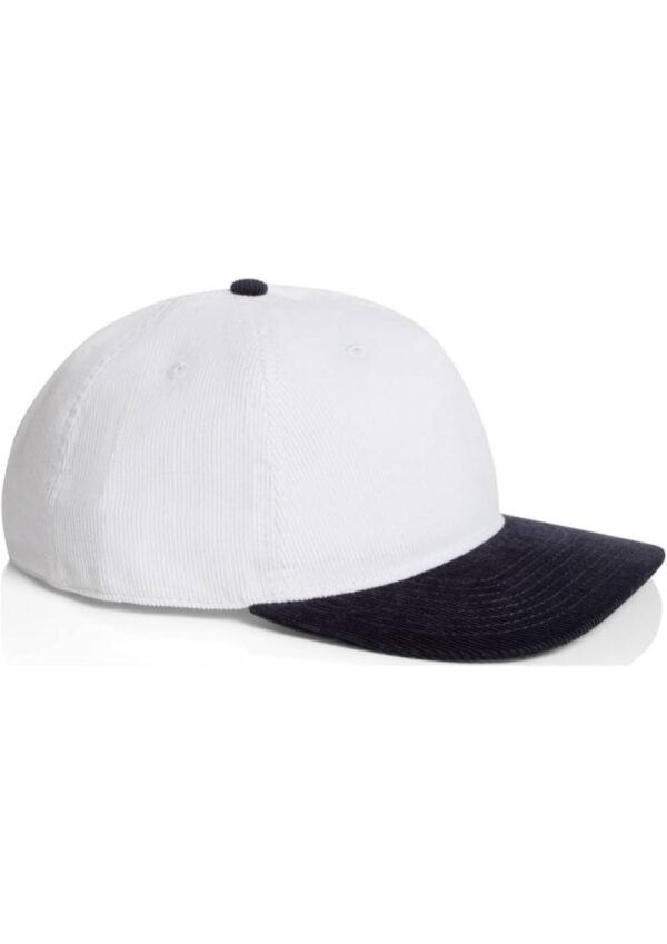 White baseball cap with navy brim, shown from a side angle.