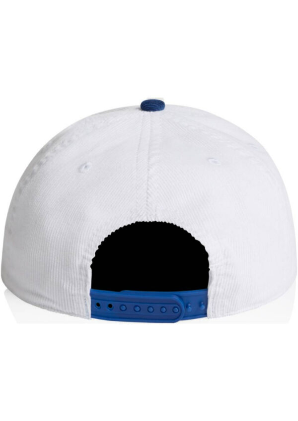 White baseball cap shown from the back with a blue adjustable strap and metal clasp behind the opening.