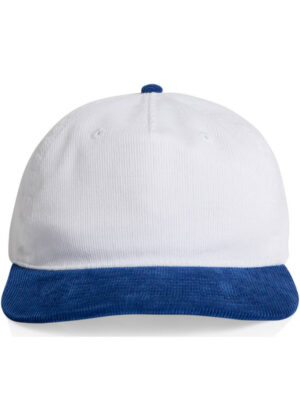 White baseball cap with a blue curved brim and small blue button on top, photographed head-on from the front