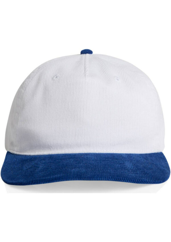 White baseball cap with a blue curved brim and small blue button on top, photographed head-on from the front