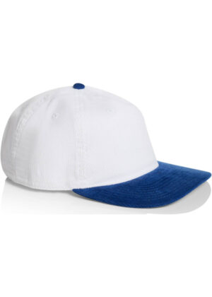 White baseball cap with a blue visor/bill on a white background.
