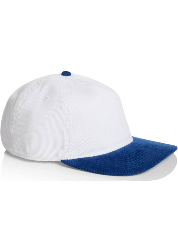 White baseball cap with a blue visor/bill on a white background.