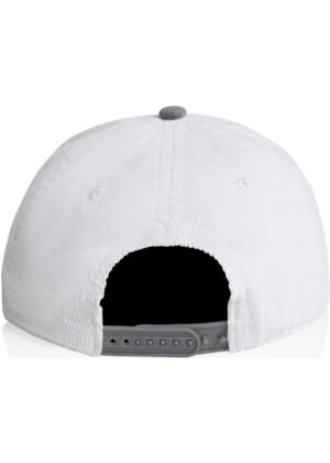 Back view of a white baseball cap with a gray adjustable strap.