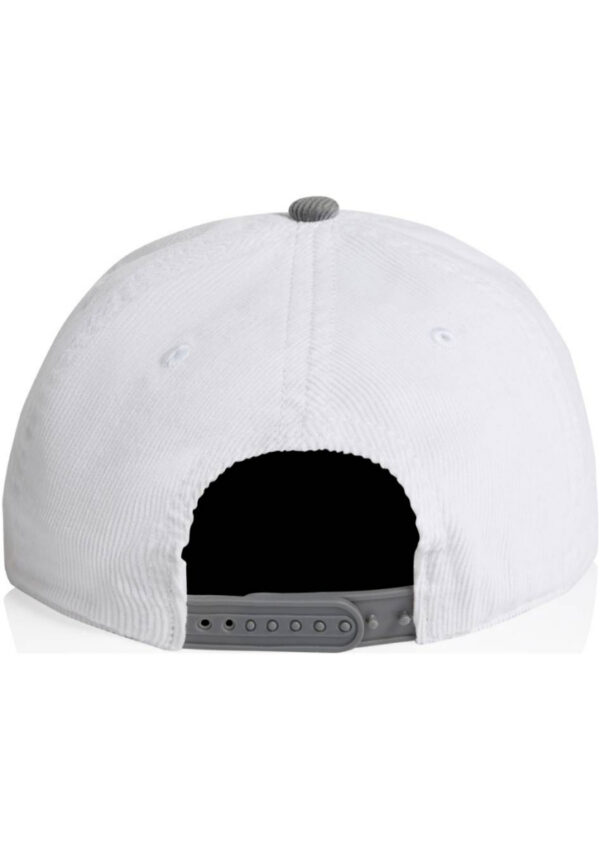 Back view of a white baseball cap with a gray adjustable strap.