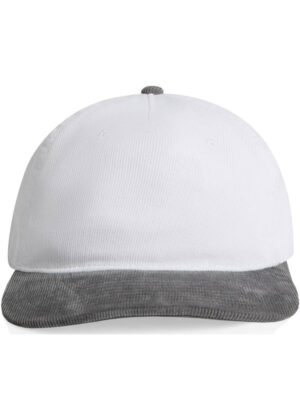 White baseball cap with a gray curved brim and a small top button