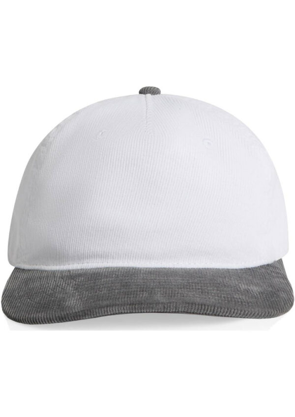 White baseball cap with a gray curved brim and a small top button