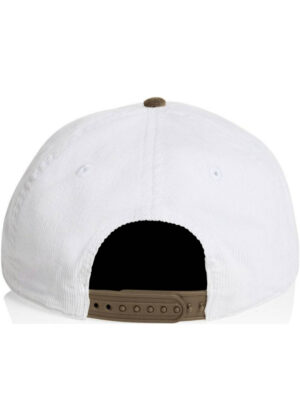 Back view of a white baseball cap with a brown adjustable strap and metal snaps
