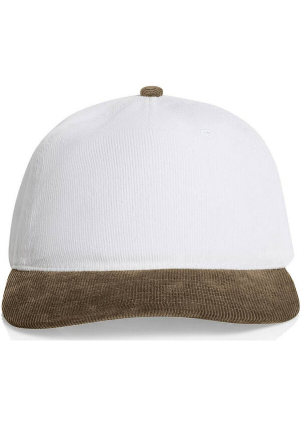 White baseball cap with a brown corduroy brim.