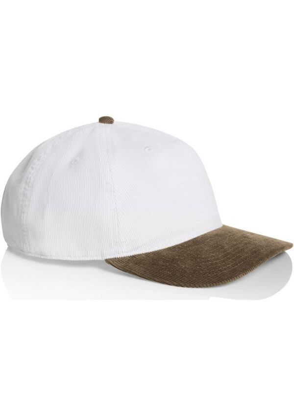 White baseball cap with a brown curved bill, side view outfit item