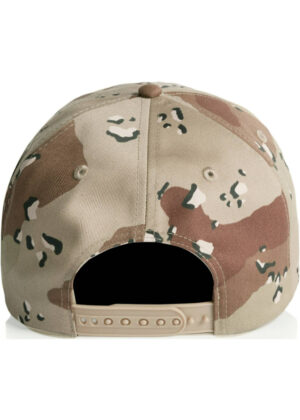 Back view of a camouflage baseball cap with an adjustable beige plastic strap and holes