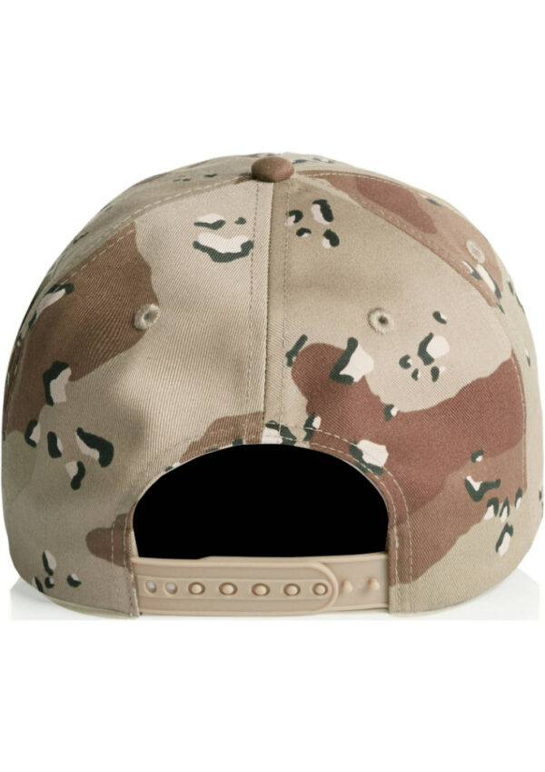 Back view of a camouflage baseball cap with an adjustable beige plastic strap and holes