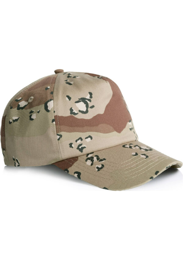 Camouflage baseball cap with a curved brim in tan, brown, and green tones against a white background