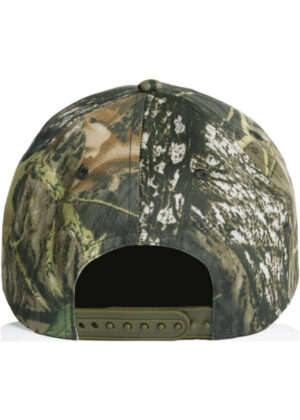 Back view of camouflage baseball cap with plastic adjustable strap