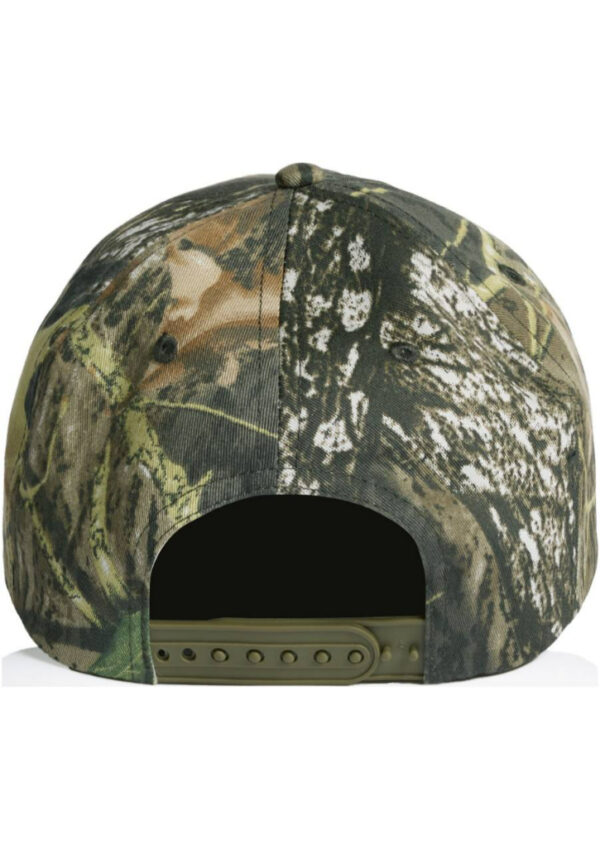 Back view of camouflage baseball cap with plastic adjustable strap