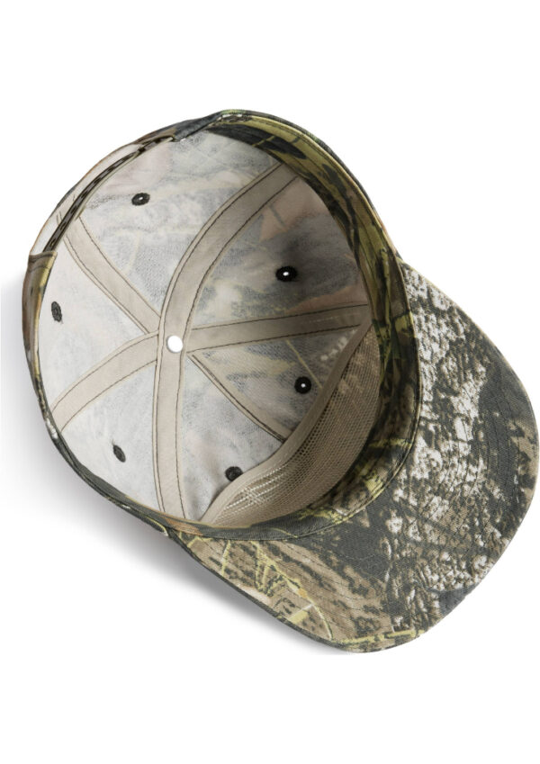 Camouflage baseball cap viewed from above, showing the interior crown and ventilation holes.