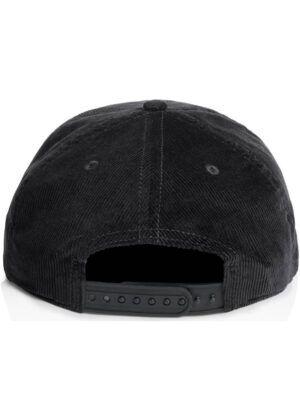 Back view of a black corduroy baseball cap with an adjustable snapback strap.