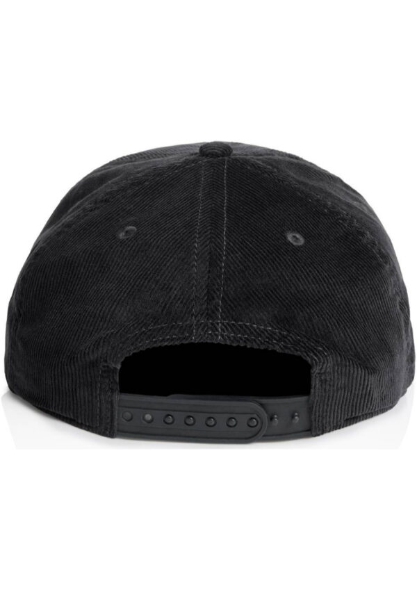 Back view of a black corduroy baseball cap with an adjustable snapback strap.