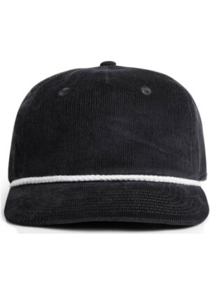 Black corduroy baseball cap with a white braided rope around the front.