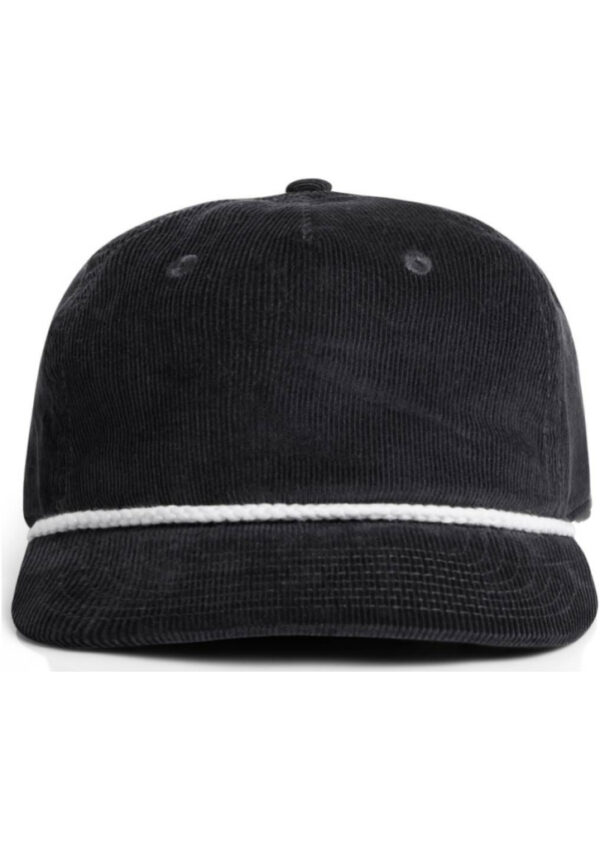 Black corduroy baseball cap with a white braided rope around the front.