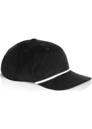 Side view of a black corduroy baseball cap with a white rope trim along the base of the crown and a curved brim.