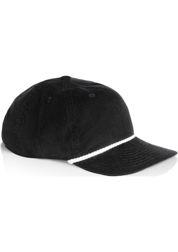 Side view of a black corduroy baseball cap with a white rope trim along the base of the crown and a curved brim.