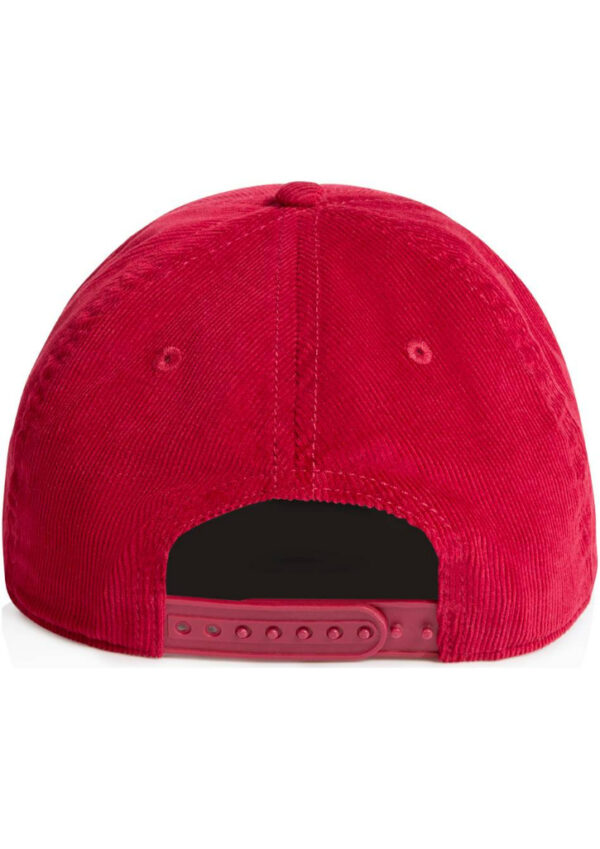 Back view of a red corduroy baseball cap with an adjustable plastic strap showing holes for size adjustment