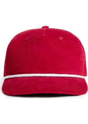 Front view of a red corduroy baseball cap with a white rope trim along the brim edge load-bearing detail visible.
