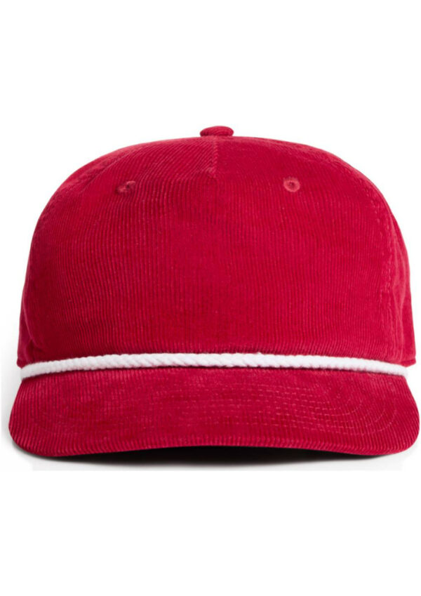 Front view of a red corduroy baseball cap with a white rope trim along the brim edge load-bearing detail visible.
