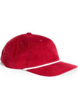 Red corduroy baseball cap with a white trim along the brim, photographed from the side.