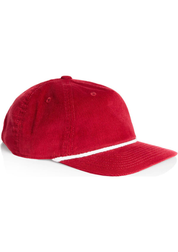 Red corduroy baseball cap with a white trim along the brim, photographed from the side.
