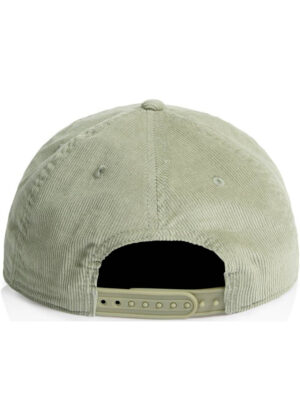 Back view of a pale green corduroy baseball cap with a gray plastic adjustable strap showing the holes and clasp.