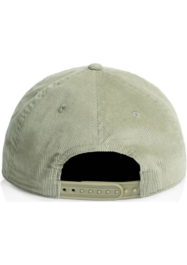 Back view of a pale green corduroy baseball cap with a gray plastic adjustable strap showing the holes and clasp.