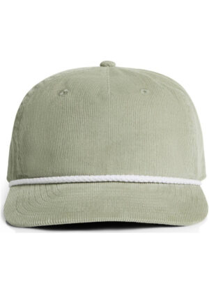 Light sage corduroy baseball cap with white braided trim around the brim