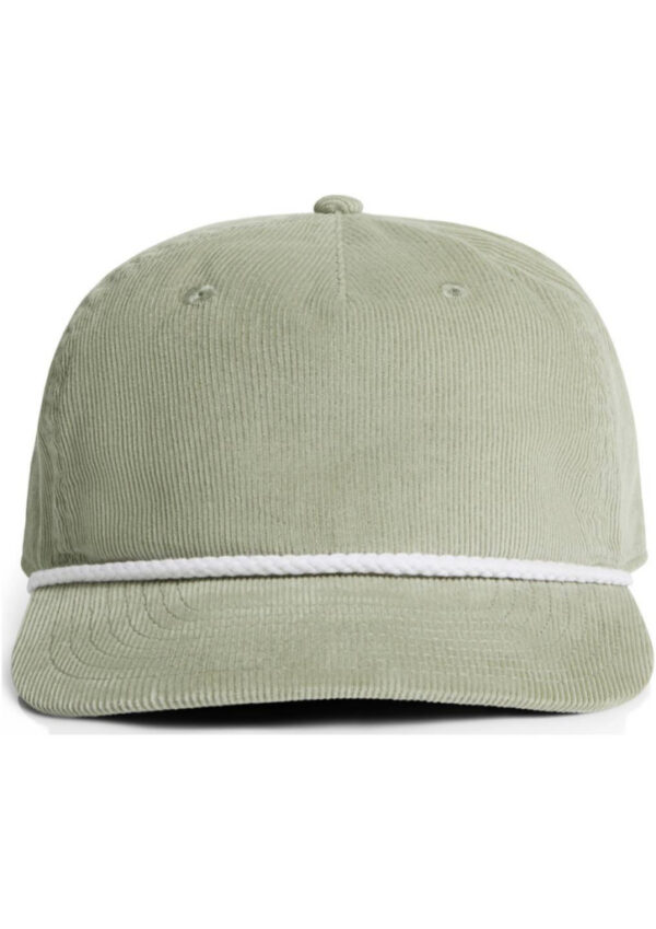 Light sage corduroy baseball cap with white braided trim around the brim