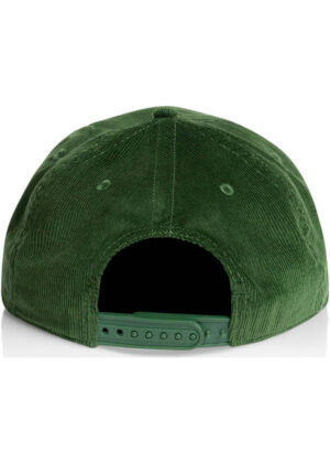 Back view of a green corduroy baseball cap with an adjustable strap and snap closure at the back
