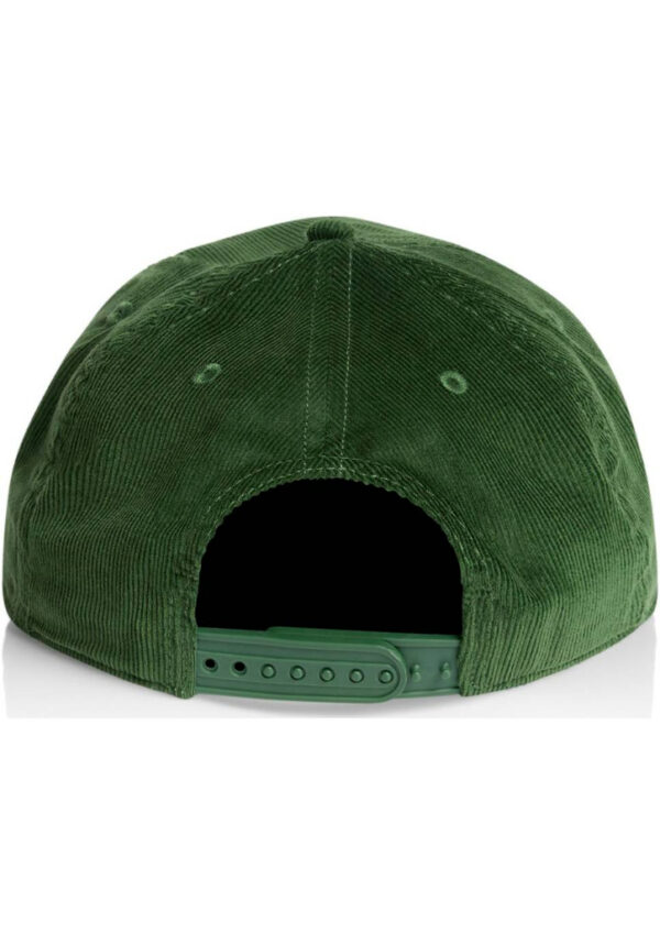Back view of a green corduroy baseball cap with an adjustable strap and snap closure at the back