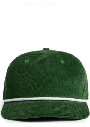 Green corduroy baseball cap with a white braided rope detail across the front, viewed from the front against a white background