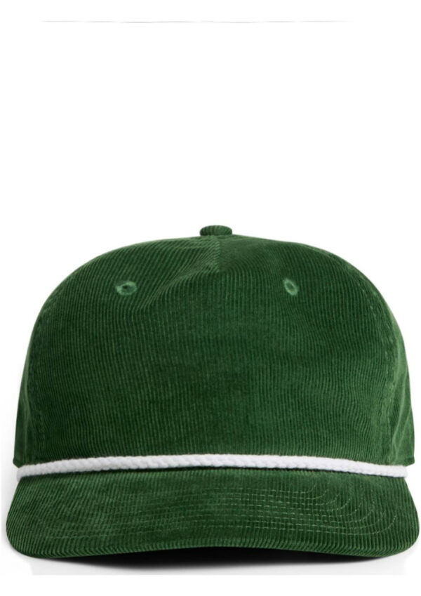 Green corduroy baseball cap with a white braided rope detail across the front, viewed from the front against a white background