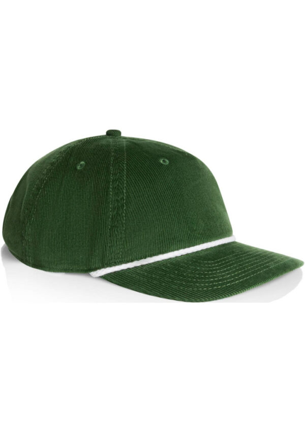 Green corduroy baseball cap with a white rope trim along the brim edge (six-panel style).]