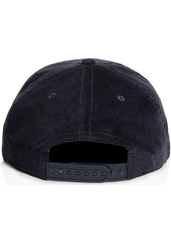 Back view of a navy corduroy baseball cap with an adjustable strap closure on the back.