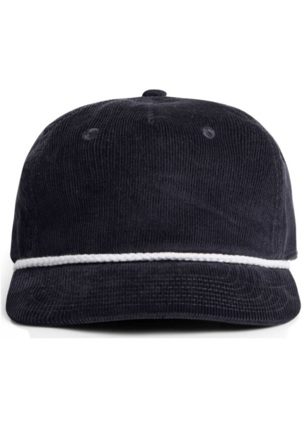 Navy corduroy baseball cap with a white decorative rope around the base of the crown and brim edge in view.