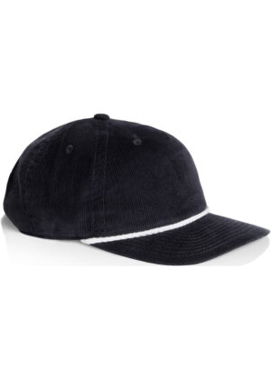 Navy corduroy baseball cap with white piping on a white background.