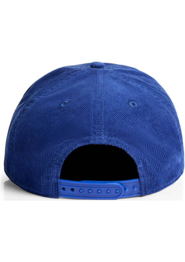 Back view of a blue corduroy baseball cap with an adjustable blue plastic strap and button at the crown.