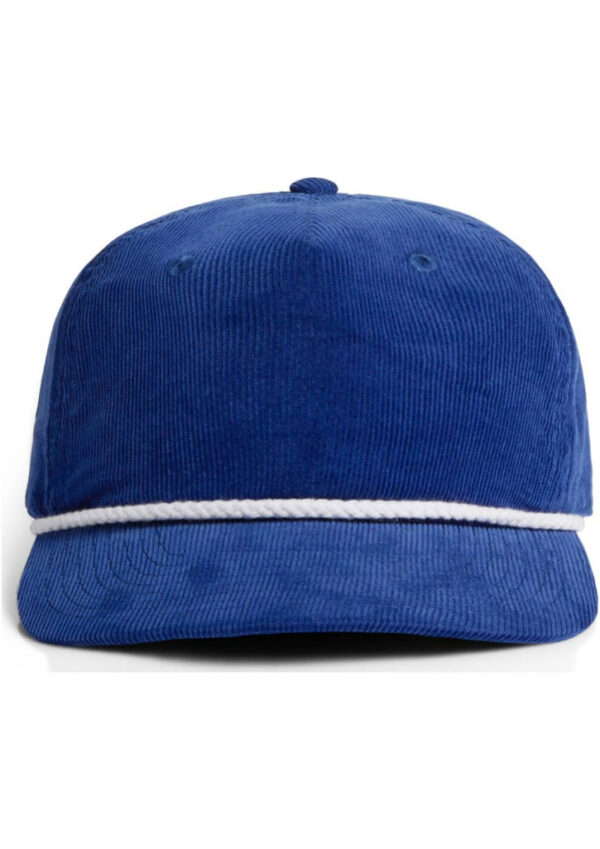Blue corduroy baseball cap with a white rope-like band around the base of the crown.