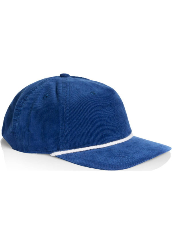 Blue corduroy baseball cap with a white piping detail along the brim side,